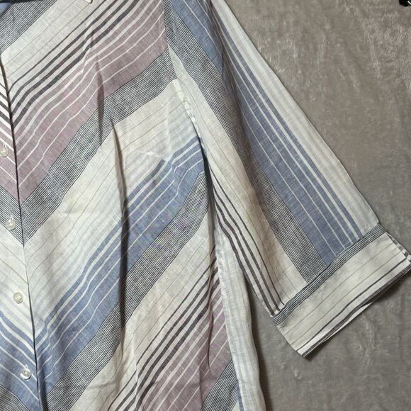 Chico's Linen Tunic Blouse Women's Size 2 Purple Blue Striped 3/4 Sleeve Button - Picture 4 of 11